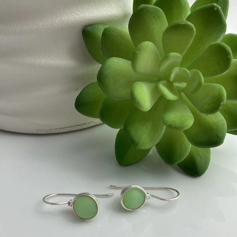 Green Sea Glass Minimalist Wire Wrapped Earrings